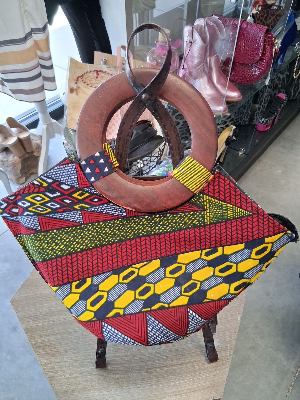 Vibrant Multicolor African Print Tote with Wooden Ring Handles